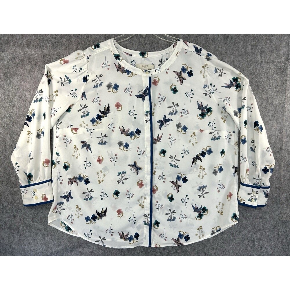 LOFT White Floral Top Flowy Sheer Button Up Blouse Size 20 Long Sleeve Tunic